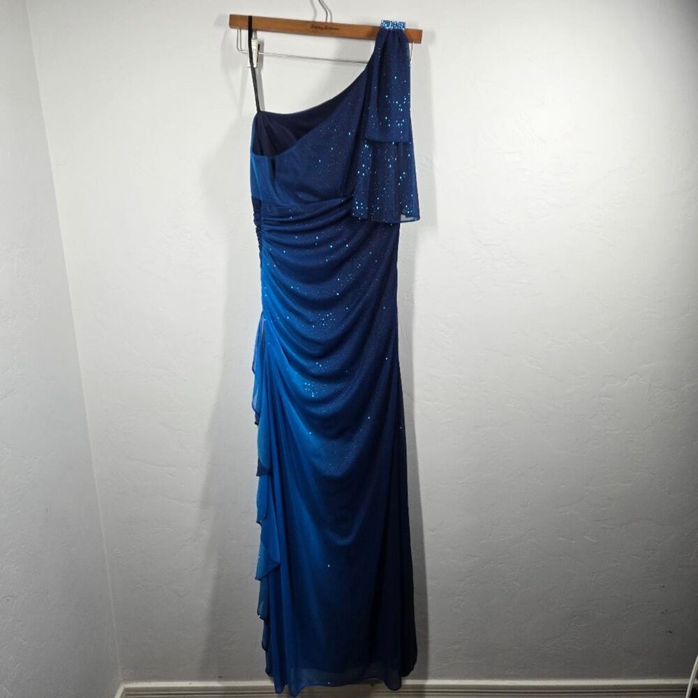 Betsy&Adams Blue Ombre One-Shoulder Evening Dress Glitter Sparkle Formal Gown 8